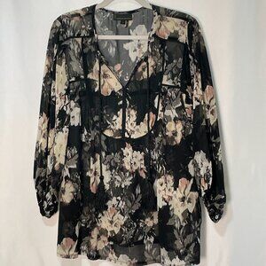 iJEANS BY BUFFALO Braid Trim Chiffon Blouse, Floral Black/Ivory - L